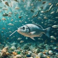 bream fish with straw in mouth pointing upwards blowing air bubbles swimming in rubbish sea Royalty Free Stock Photo