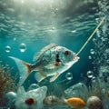 bream fish with straw in mouth pointing upwards blowing air bubbles swimming in rubbish sea Royalty Free Stock Photo