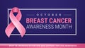 Breast Cancer Awareness banner design template - pink breast cancer ribbon, text `Breast Cancer Awareness Month` on dark blue