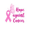 Breast cancer awareness banner template with pink ribbon, butterfly and text Hope against Cancer Royalty Free Stock Photo
