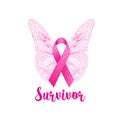 Breast cancer awareness banner template with pink lribbon, butterfly and text Survivor