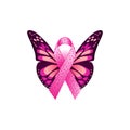 Breast cancer awareness banner template with pink ribbon and butterfly Royalty Free Stock Photo