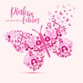 Breast cancer awareness with Butterfly sign and pink ribbons vector illustration design poster layout. Royalty Free Stock Photo