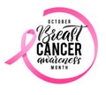 Breast Cancer Awareness Calligraphy Poster Design. Ribbon around letters. Vector Stroke Pink Ribbon. October is Cancer