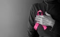 Breast Cancer Awareness Campaign Concept. Women`s Healthcare. Woman Touching Pink Ribbon Royalty Free Stock Photo