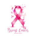 Breast cancer awareness concept illustration pink ribbon symbol, pink watercolor blots with text october. Vector hand