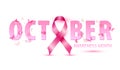 Breast cancer awareness concept illustration pink ribbon symbol, pink watercolor blots with text october. Vector hand