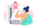 Breast Cancer Awareness illustration of a woman patient getting a breast screening test / mammogram on x-ray machine. Pink breast