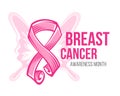 Breast cancer awareness month banner with abstract line draw pink ribbon sign and butterfly wing background vector design