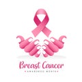 Breast cancer awareness month banner with abstract pink hand holding ping ribbon sign vector design Royalty Free Stock Photo