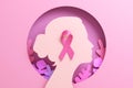 Breast Cancer Awareness Month banner background with a pink ribbon on a woman silhouette. Flyer, banner design template in 3D Royalty Free Stock Photo