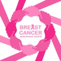 Breast cancer awareness month banner with pink hand hold hand around circle frame and pink ribbon vector illustration design