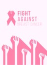 Breast cancer awareness month banner with pink ribbon and abstract hand fight group sign vector illustration design