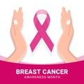 Breast cancer awareness month banner with pink ribbon and hand hold care vector design