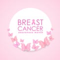 Breast cancer Awareness month banner with pink ribbon sign and text on white circle and butterfly around frame vector design Royalty Free Stock Photo