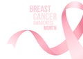 Breast cancer awareness month banner or poster design with pink silky ribbon.