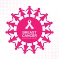 Breast cancer Awareness month banner with ribbon sign in pink woman hold hand around circle sign abstract circle frame vector desi Royalty Free Stock Photo