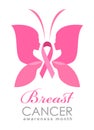 Breast cancer Awareness month banner with woman wings for butterfly sign and pink ribbon sign vector design Royalty Free Stock Photo