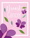 Breast cancer awareness month butterflies leaves card design Royalty Free Stock Photo