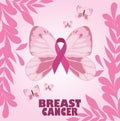 Breast cancer awareness month butterflies leaves ribbon pink vector