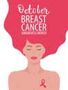 Breast cancer awareness month card with young woman.