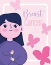 Breast cancer awareness month cartoon woman help and support, butterflies card