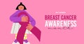 Breast Cancer Awareness month young woman cartoon and pink ribbon symbol Royalty Free Stock Photo