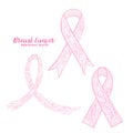 Breast cancer awareness month decorative pink ribbon set. Stock Royalty Free Stock Photo