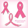 Breast cancer awareness month decorative pink ribbon set. Stock Royalty Free Stock Photo