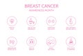 Breast cancer awareness month. Decrease risk of breast cancer line icon set. Medical examination. Online doctor Royalty Free Stock Photo