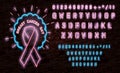 Breast Cancer Awareness Month Emblem, Pink Ribbon Symbol. Neon Lamp Glow Stylization on Black Brick Wall. Template for Banner, Pos