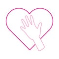 Breast cancer awareness month, hand on heart support healthcare concept line icon