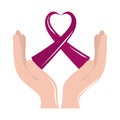 Breast cancer awareness month, hands with ribbon shaped heart support, healthcare concept flat icon style