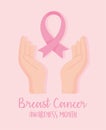 Breast cancer awareness month hands ribbon vector design