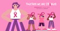 Breast Cancer Awareness month young women cartoon with pink ribbon symbol