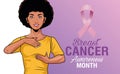 Breast cancer awareness month lettering with afro woman self exam and ribbon