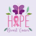 Breast cancer awareness month lettering hope ribbon butterfly design