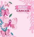 Breast cancer awareness month motivational card butterfly ribbon pink vector