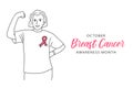 Breast Cancer Awareness Month October banner with copy space. Happy confident woman showing muscle, pink ribbon badge