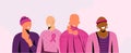 Breast Cancer Awareness Month October banner with diverse hairless women group with pink support ribbon. Bald girls Royalty Free Stock Photo