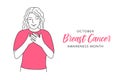 Breast Cancer Awareness Month October banner Happy confident woman with hands on chest, closed eyes, grateful gesture