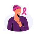 Breast Cancer Awareness Month October with hairless woman with pink ribbon for supporting illness people. Bald smily