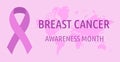 Breast Cancer Awareness month. October. Pink awareness ribbon and world map. Vector poster illustration