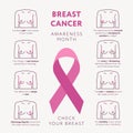 Breast cancer awareness month October vector flat illustration. Check your breast line icons set and pink ribbon sign of Royalty Free Stock Photo