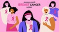 Breast Cancer Awareness Month October web banner with diverse ethnic and different ages women group with pink support