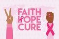 Breast Cancer Awareness Month. Pink cancer ribbon on raised fist, V-sign gesture and world map. Faith, hope, cure phrase. Cancer