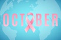 Breast Cancer. Awareness month. Pink ribbon. World map. Banner for your design. Fighting cancer. Vector illustration