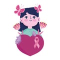 Breast cancer awareness month portrait girl butterfly flowers ribbon in heart vector Royalty Free Stock Photo