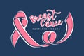 Breast cancer awareness month text and abstract drawing pink ribbon rolling wave on blue background vector Design