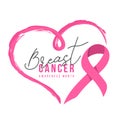 Breast cancer awareness month - text in line paintbrush to heart shape and pink ribbon awareness sign vector design Royalty Free Stock Photo